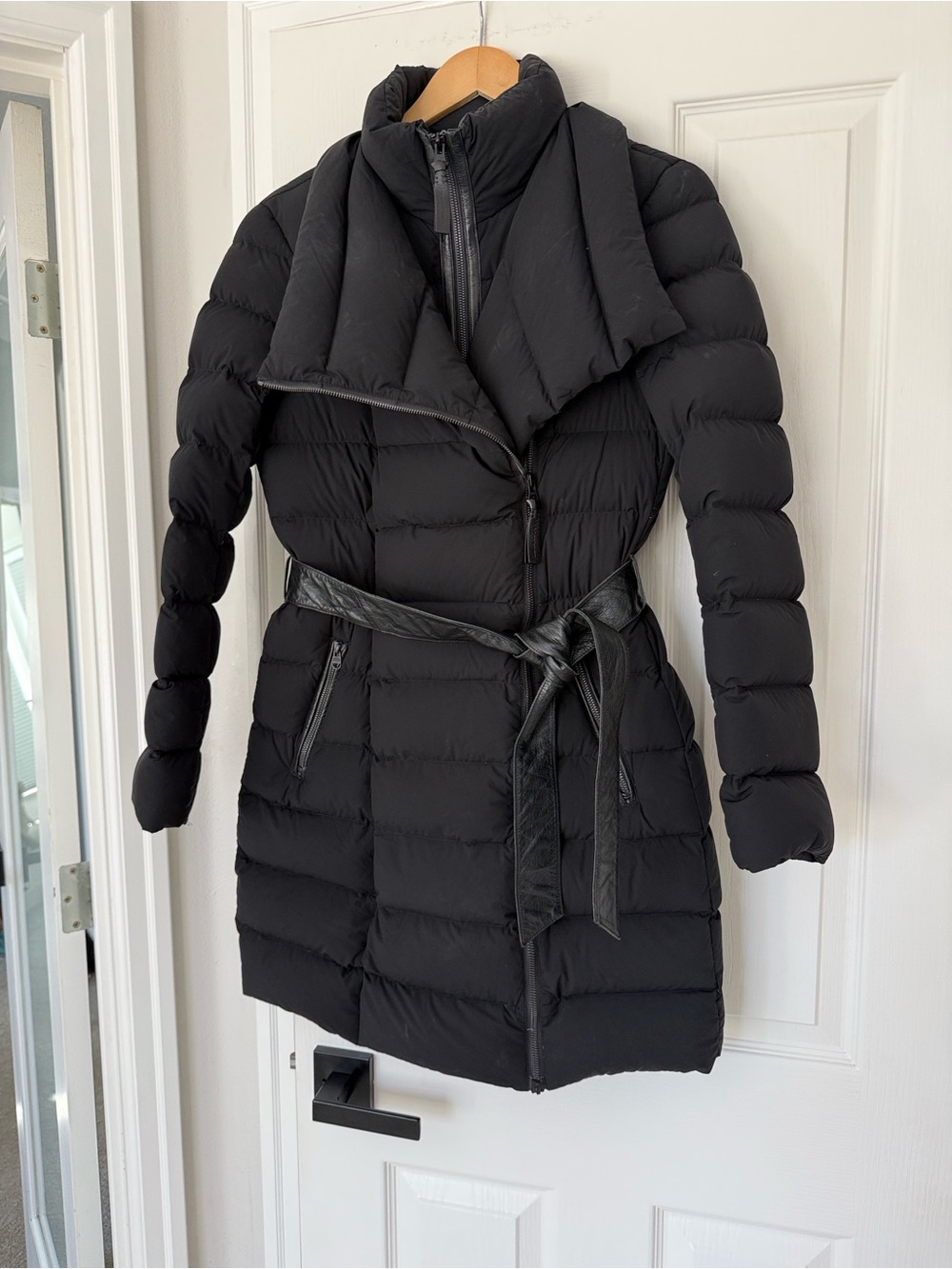 Mackage Black Down Coat with Leather trim and Belt